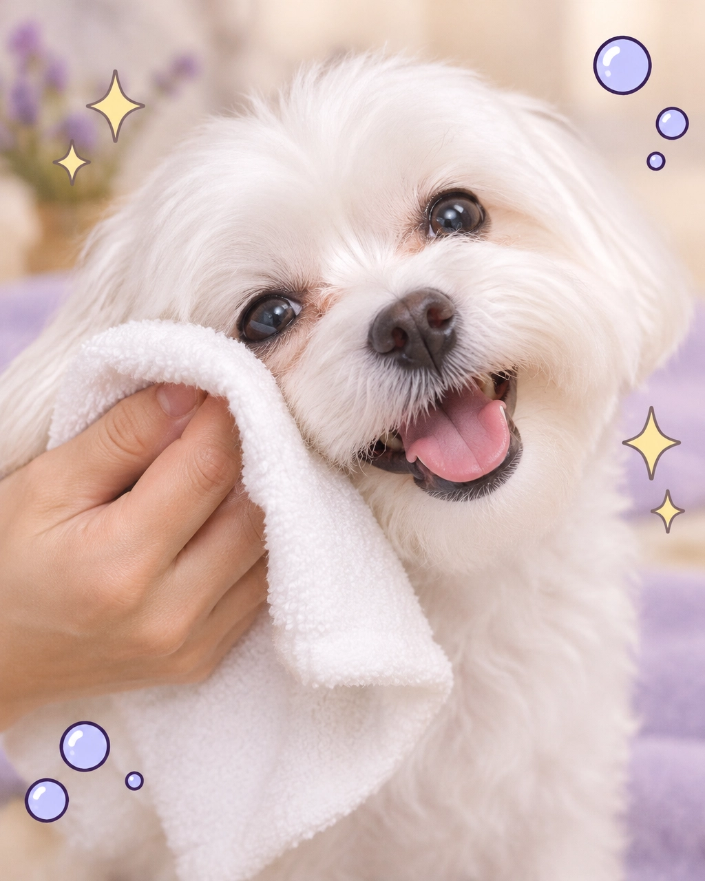 melissa mobile dog groomer: a playful white Maltese enjoying a gentle face wipe