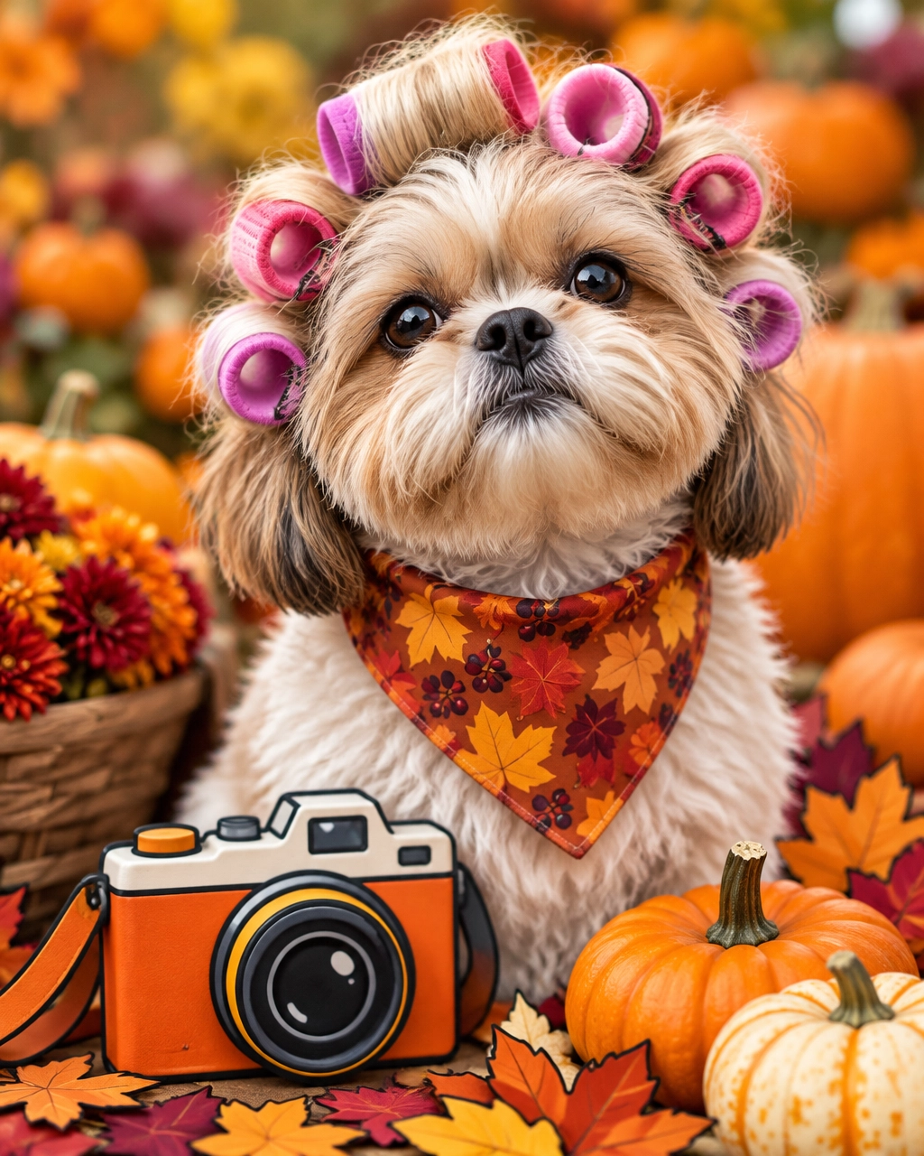 A small fluffy dog wears soft curlers and a fall bandana while posing beside a toy camera and pumpkins