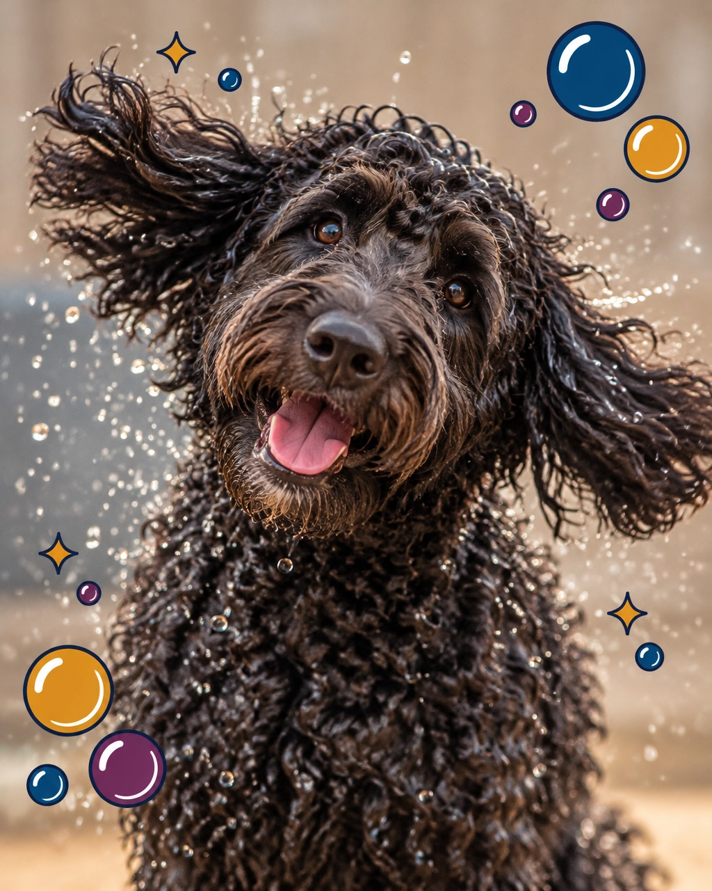 mckinney mobile dog groomer: black Goldendoodle making a joyful, silly splash after a bath