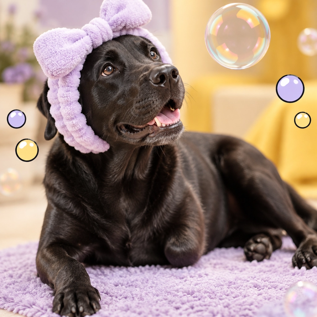 McKinney mobile dog groomer portrait of a relaxed three-legged black Labrador in a fluffy spa headband