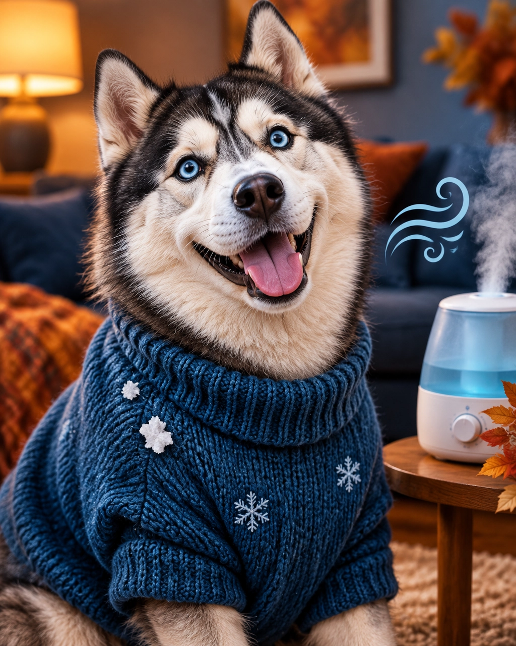 McKinney mobile dog groomer image of a goofy husky in a sweater beside a humidifier during fall