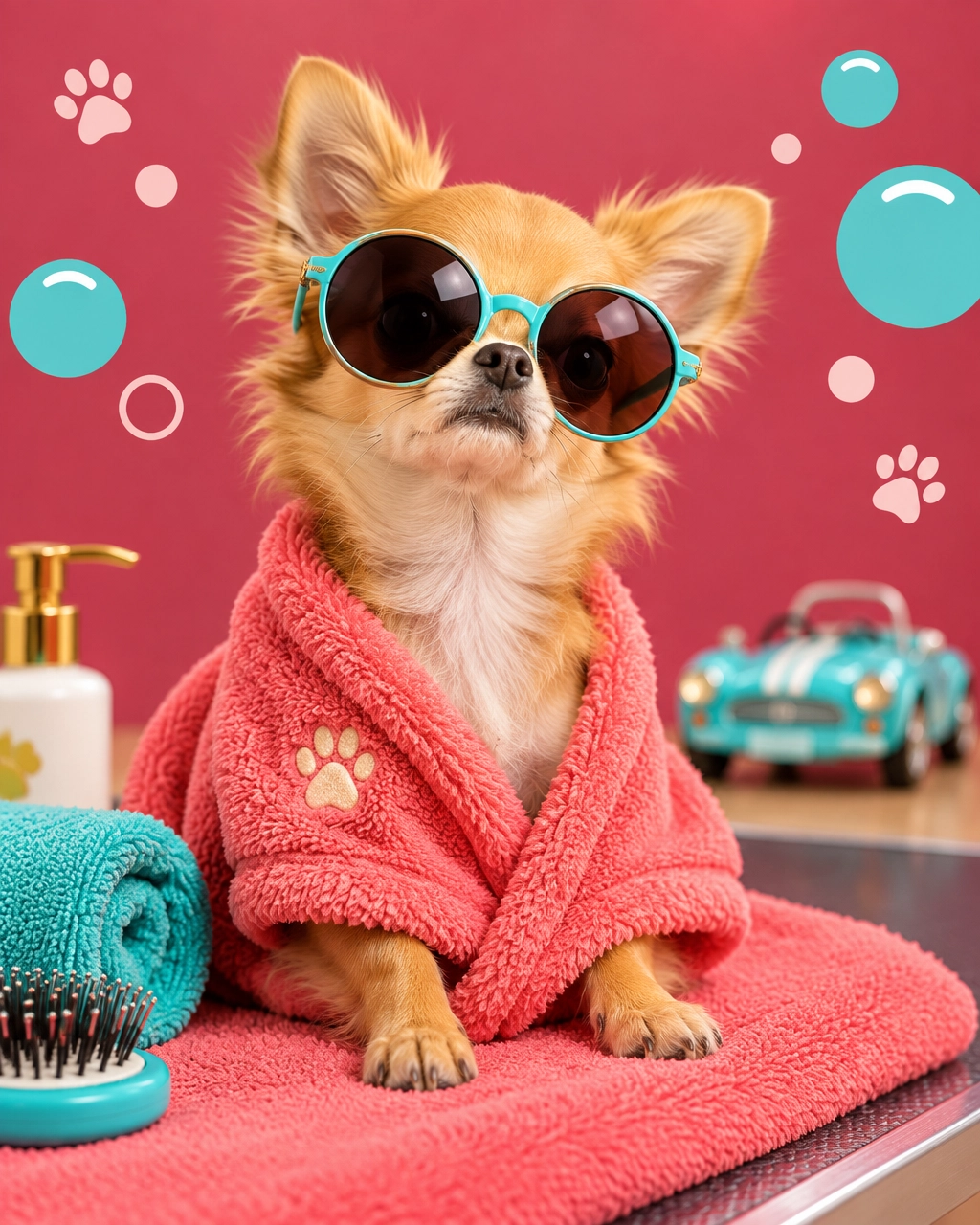 A tiny chihuahua wearing oversized sunglasses and avoiding a toy car before a mobile spa visit
