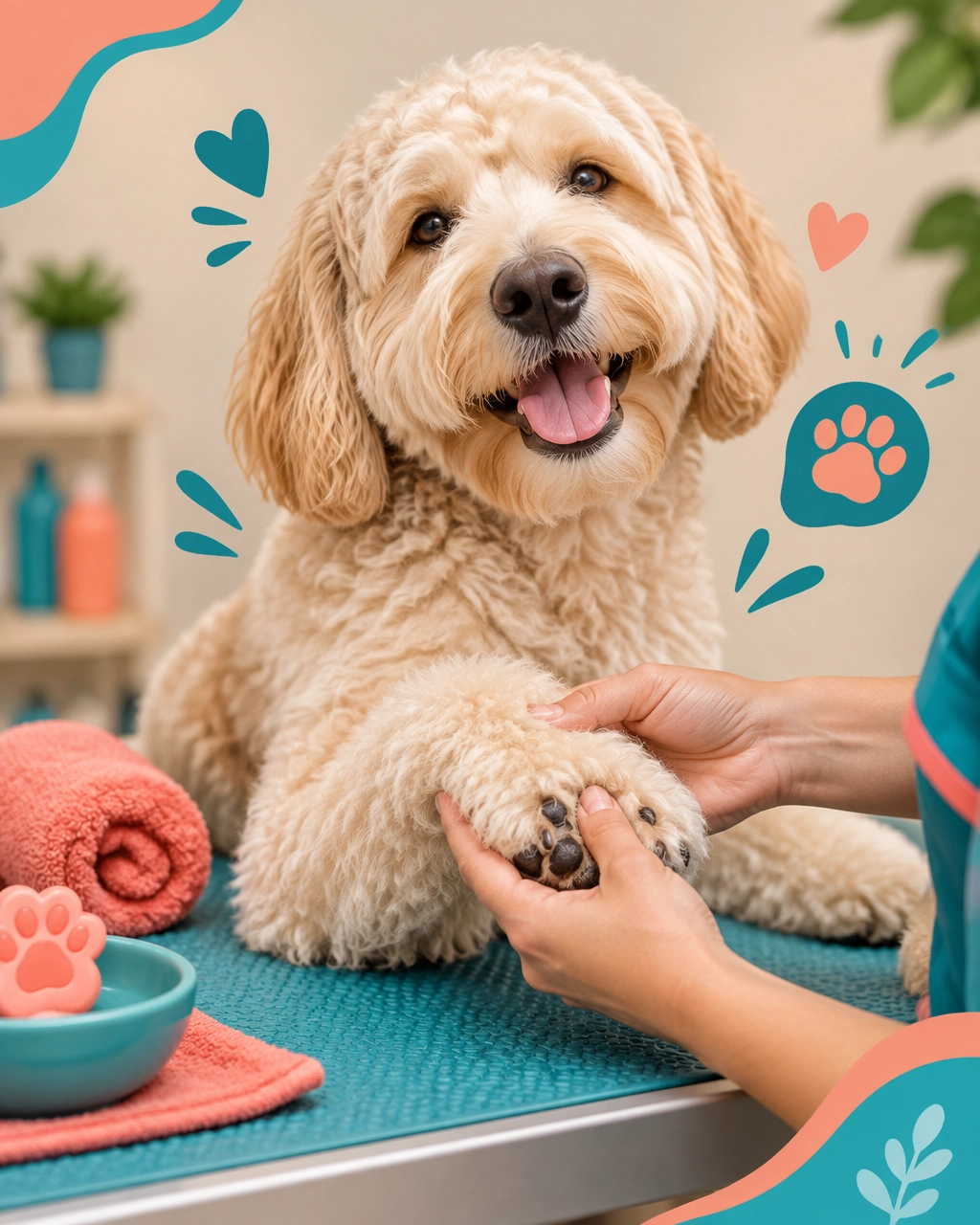 A fluffy doodle enjoying a gentle paw massage on a clean grooming table