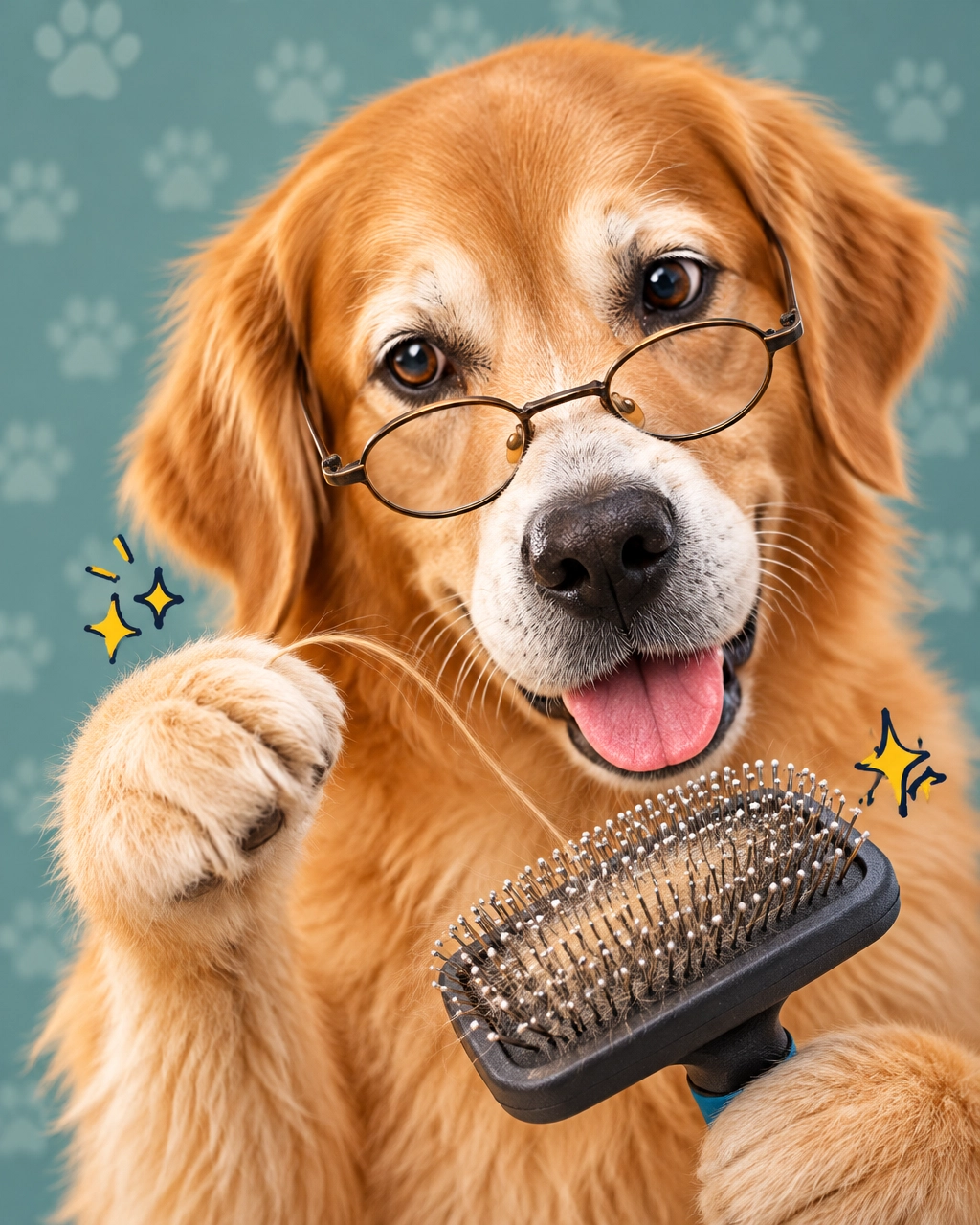Prosper mobile dog groomer guide with a senior Golden Retriever inspecting a grooming brush through tiny reading glasses