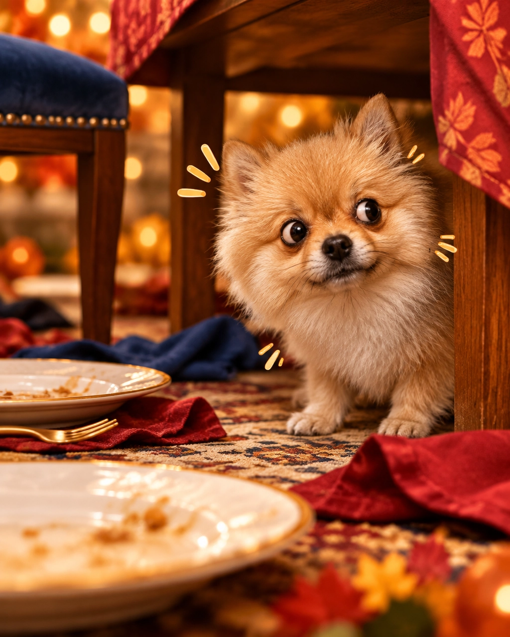 Chihuahua peeking beneath a holiday table with scattered napkins: mckinney mobile dog groomer holiday safety