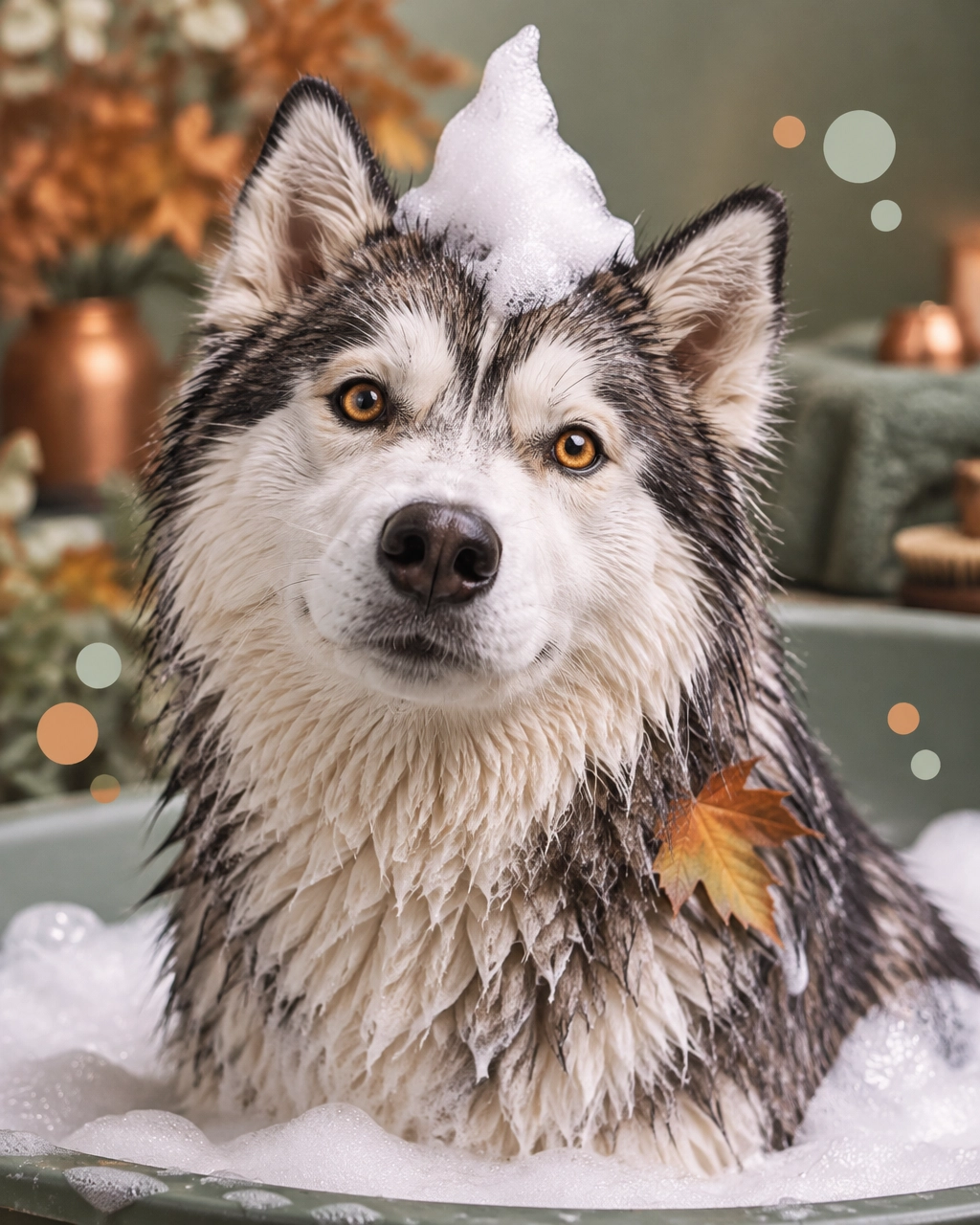 Husky enjoying fall bath time with a silly foam mohawk at a Prosper mobile dog groomer