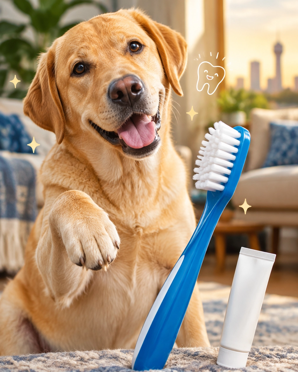 melissa mobile dog groomer blog image: a playful Labrador negotiating with an oversized toothbrush