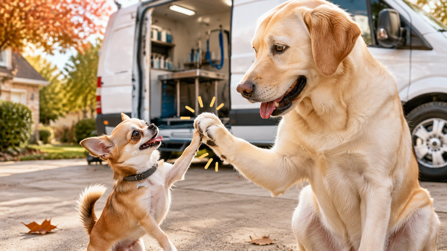 mckinney mobile dog groomer celebrates every size with a Chihuahua high-fiving a Labrador in front of a mobile grooming van