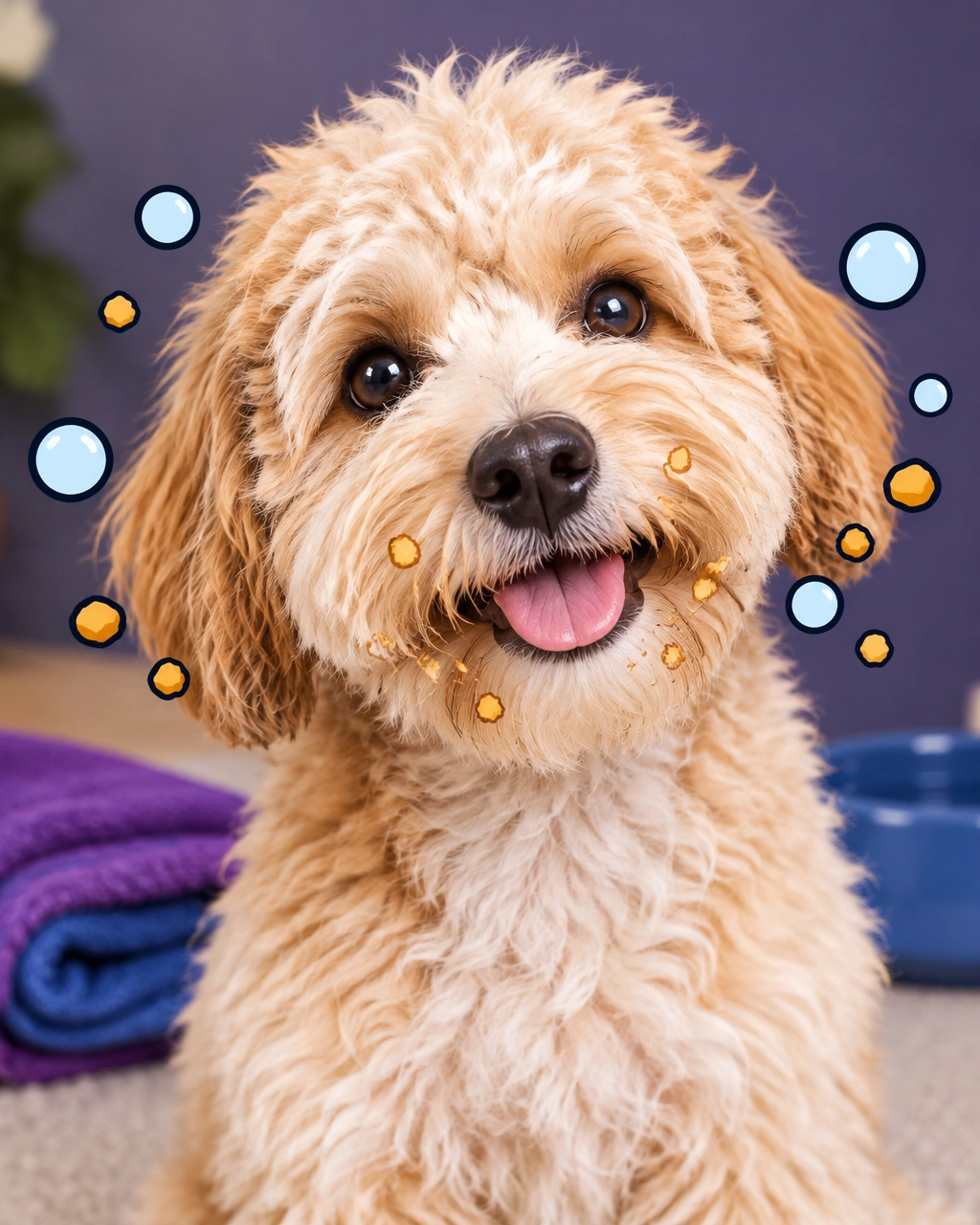 A fluffy, crumb-mustached dog with a goofy grin, shared by a mckinney mobile dog groomer