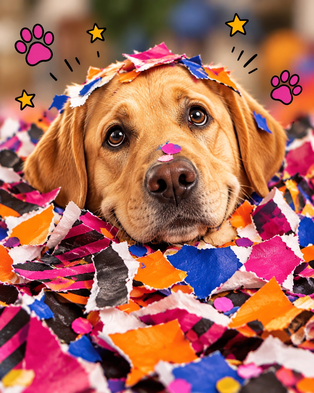 A Labrador looks sheepish while buried in a mountain of colorful fake Black Friday flyers, with mckinney mobile dog groomer spa day vibes