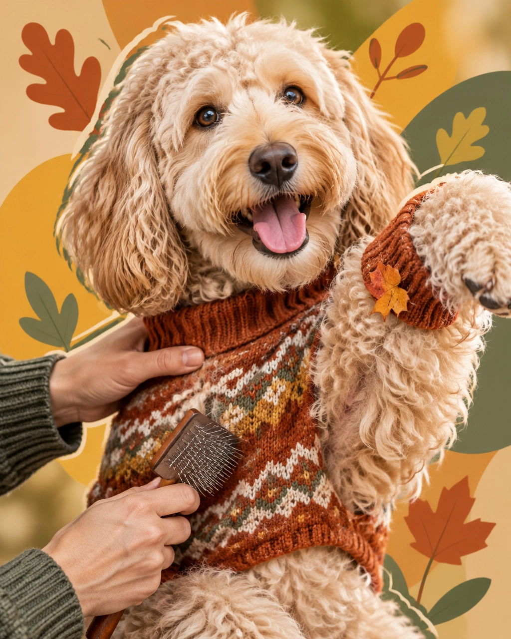 A curly-coated doodle gets a gentle underarm coat check, with a leafy cuff adding a playful fall touch