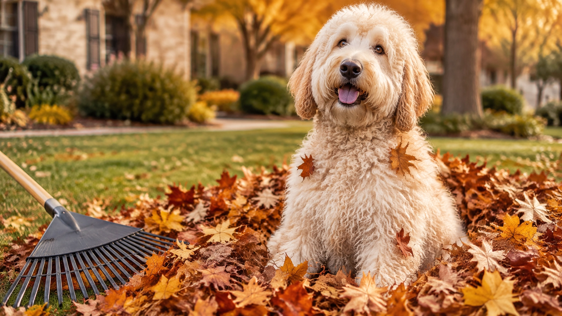 A fluffy doodle sitting proudly in a tidy rake pile with a few leaves caught in its curls